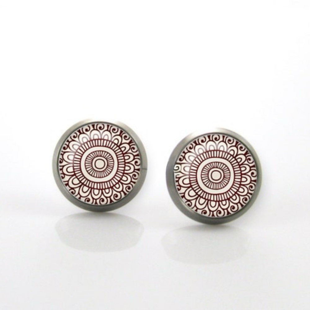 Glass Earrings Handmade.  Brown and white floral design.